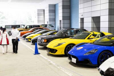 世代やメーカーの垣根を超えて並んだ珠玉のエントラント車両たち。色とりどりのボディカラーが並ぶ美しい整列カットは、まさに日本のモータリゼーションの深さとオーナーたちの愛情を象徴する光景だ