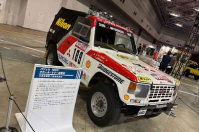 三菱 パジェロ：1985年のパリ・ダカールラリーで初の総合優勝を飾った英雄。市販車の面影を強く残す無骨なボディは、当時のSUVブームを牽引する原動力となった