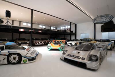 國江氏の日本車回帰のきっかけとなった「トムス 童夢85C-L」。デイトナ24時間レースで総合3位と好成績を残した「クズ マツダDG4」や、IMSA GTPのマシンであるマツダ「RX-792P」が並ぶ