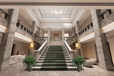 建築家の山下泰樹氏による完成パースを見ると、庁舎の中央に位置する中央階段ホールにはエントランス受付が追加され、特別館への入り口となるようだ