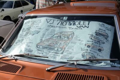 日産 バイオレットバン：クルマへの深い愛情が伝わってくる展示ボード。来場者も思わず足を止めて見入っていた