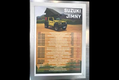 イカツいジムニーに装着されている、テント以外のパーツ価格表がありました。メッセ限定価格でずいぶんとお安くなっていますね