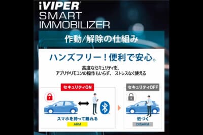 Bluetoothでペアリングしたスマートフォンを持って車両から離れると自動でセキュリティが作動（ARM）し、近づくと自動で解除（DISARM）されるハンズフリー方式を採用する