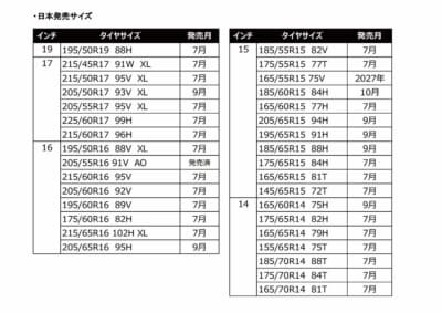 ネクセンタイヤ:発売されるサイズは14インチから19インチまで幅広くラインアップしており、コンパクトカーからセダン、SUVまで多彩な車種の足元に適合する。価格はオープン価格での展開となっている