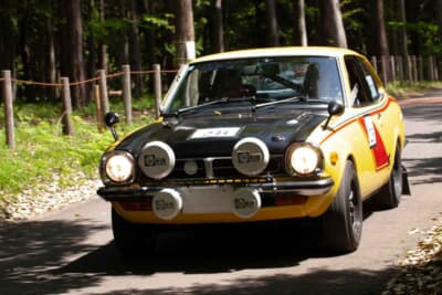 三菱 ランサー1600GSR:新緑の筑波路を疾走する鮮やかなイエローのA73型ランサー