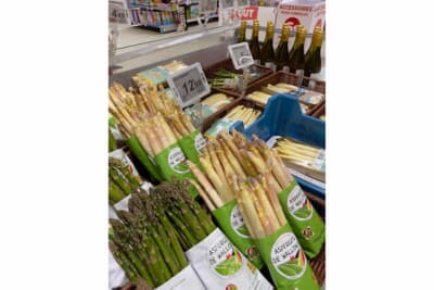 ベルギーのスーパーマーケットも新鮮な白アスパラガス祭りでした。一緒におすすめのワインが置いてあるところもいいですね