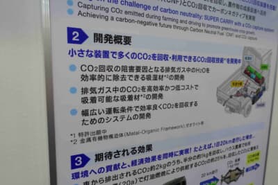 スズキ スーパーキャリイ(Carbon Capture Carry):開発概要を示したパネル。吸着材には金属有機物構造体(Metal-Organic Framework)とゼオライトを採用。いずれも特許出願中の技術だ
