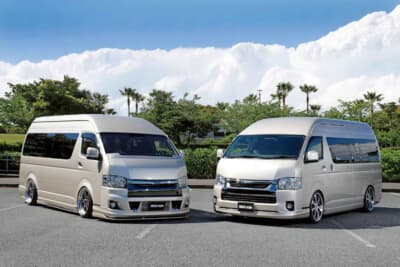 トヨタ ハイエース：フルバンパーとハーフスポイラーでそれぞれ異なる表情を見せる2台のフロントフェイス