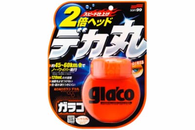 ソフト99 ぬりぬりガラコ デカ丸:従来比2倍以上の大型ヘッドと握りやすいボトルで施工性を向上。約45km/hから雨を弾き、クリアな視界を確保する