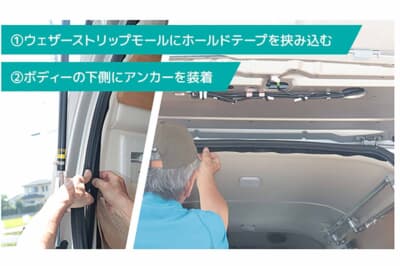 アイズ-スクリーン:装着はスリーステップ。ウェザーストリップモールにホールドテープを挟み込み、ボディの下側にアンカーを装着し、本体を装着