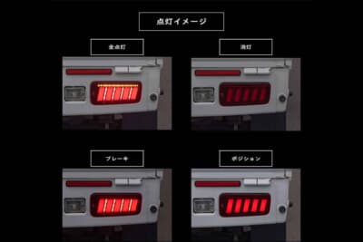 ダイハツ ハイゼットトラック:ブレーキやウインカー、バックランプなどそれぞれの点灯状態。流れるウインカーも採用する