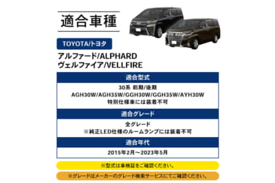 トヨタ 30系アルファード/ヴェルファイア:純正LEDルームランプ装着車や一部特別仕様車には装着不可となるため事前の適合確認が必要となる専用アイテム
