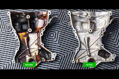 Champ Turbo Pro：長年の走行で焼き付いたオイル汚れや何十年も積み重なった泥やグリスを金属本来の姿へと戻す。施工前と施工後で比べるとわかりやすい