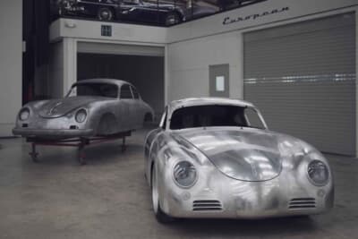 ポルシェ 356 European SL:塗装前の美しい総アルミボディが並ぶソーンリー・ケラムの工房。1台あたり数千時間の労力をかけて完璧なチリ合わせが行われる