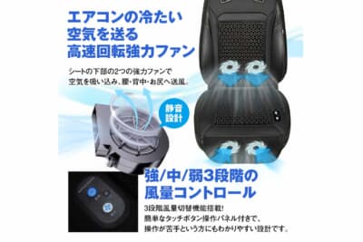 クールカーシート:シートの下部には高速回転のファンを搭載。風量も3段階コントロールできるために座り心地も爽やか