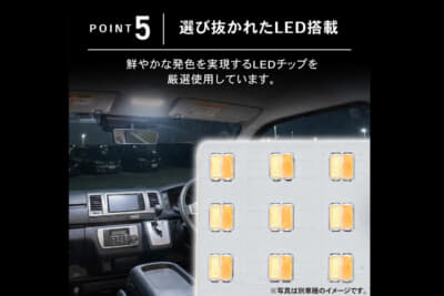 トヨタ 30系アルファード/ヴェルファイア:発色の良い高品質なLEDチップを採用することで夜間の小物探しなどでもストレスのない視界を確保