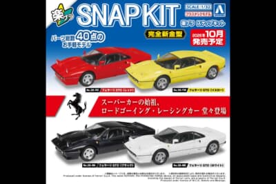 フェラーリ GTO：完全新金型で登場するアオシマの「楽プラ スナップキット」のパッケージデザイン案