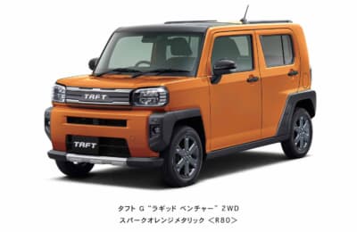 ダイハツ タフト:特別仕様車G“ラギッドベンチャー”2WD(スパークオレンジメタリック〈R80〉)。スモークメッキ×ブラックの専用フードガーニッシュとガンメタリックのアルミホイールが特徴だ