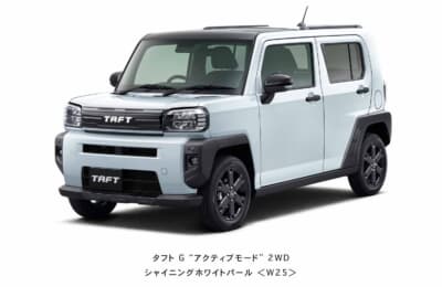 ダイハツ タフト:特別仕様車G“アクティブモード”2WD(シャイニングホワイトパール〈W25〉)。フードガーニッシュとアルミホイールをブラックで統一する