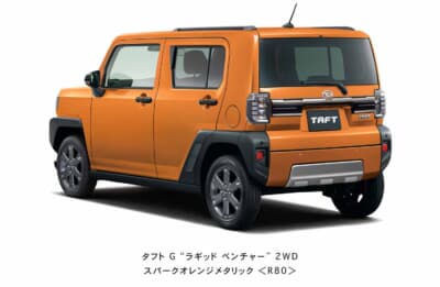 ダイハツ タフト:G“ラギッドベンチャー”のリアまわり。スモークメッキ×ブラックの専用バックドアガーニッシュとシルバーのアンダーガーニッシュを備える