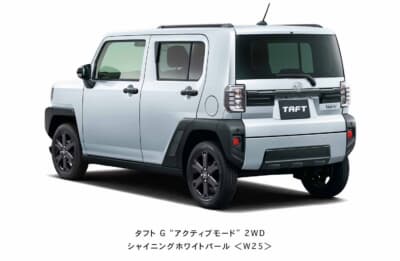 ダイハツ タフト:G“アクティブモード”のリアまわり。バックドアガーニッシュやアルミホイールもブラックで仕立てられる