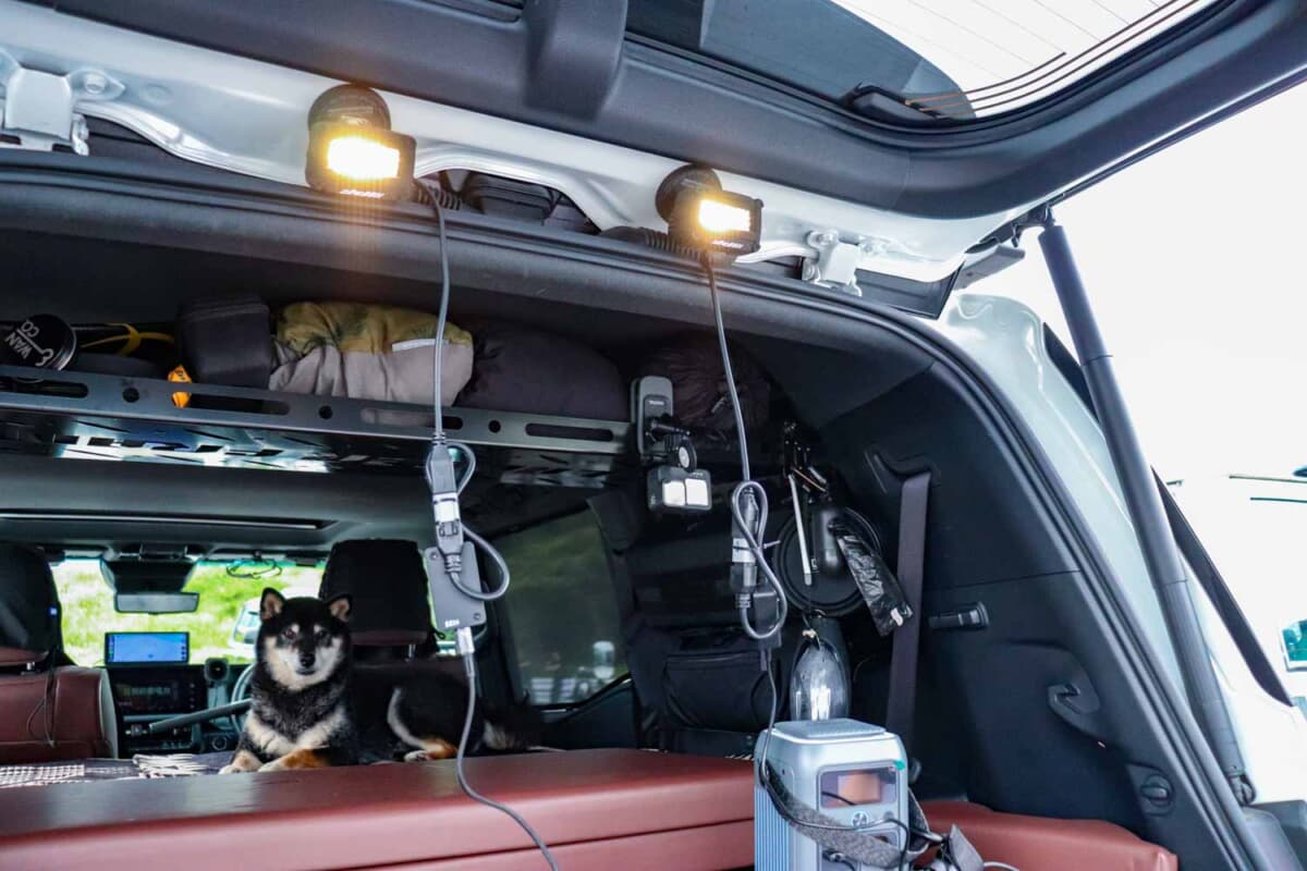 トヨタ ランドクルーザー250：バックドアへ自由に取り付けられポータブル電源から給電することでバッテリー上がりを防ぐIPF製マグネットライ